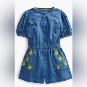 Boden Kids Blue Denim Kids Romper with Pineapple Embroidery